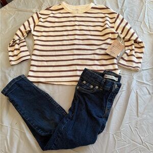 Easy Peasy Cream and Brown Striped Shirt with Levi Blue Jeans